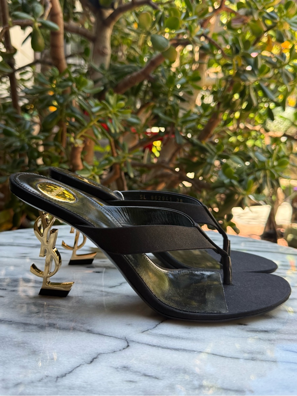 Yves Saint Laurent Black Thong Heels with Gold YSL Logo Heel Sz 38